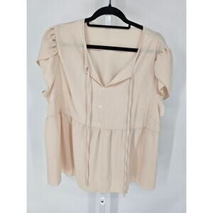 Womens Sz 2X Short Sleeve Boho Blouse Light Pink Button Front Textured